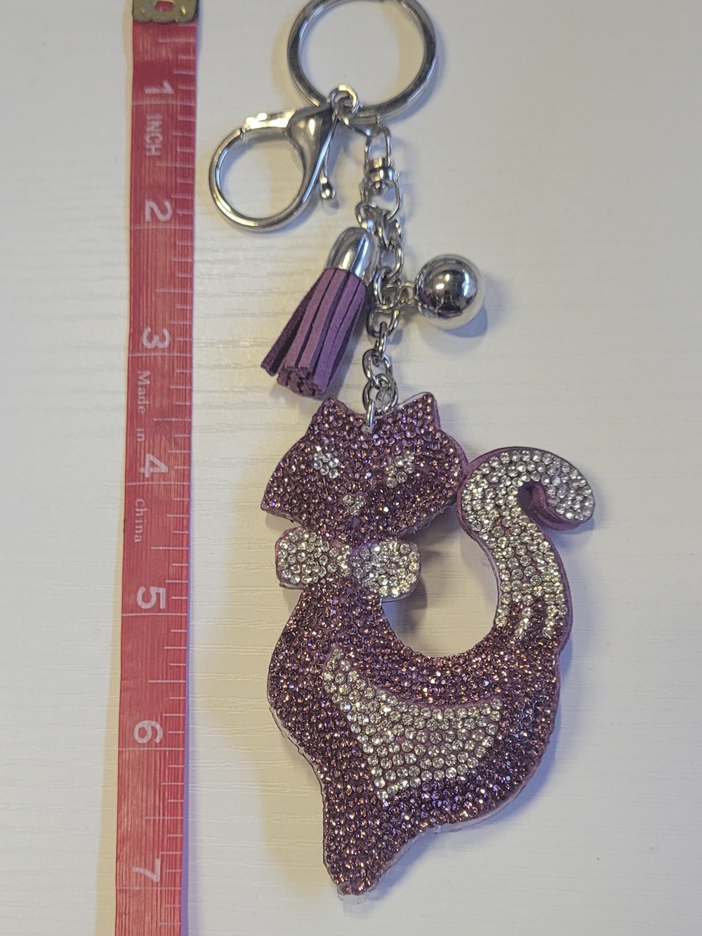 Sparkling Orchid Colored Cat Keychain Charm with Tassel